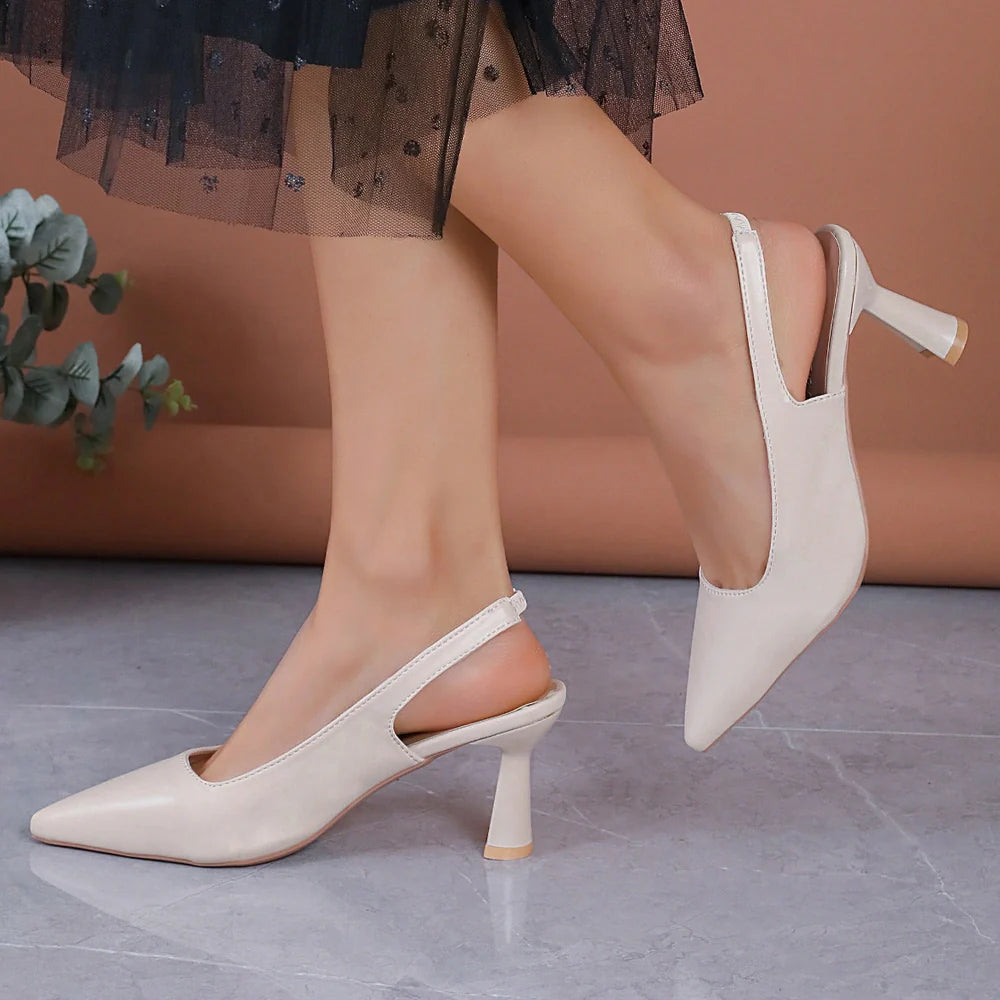 Baotou slingback sandals with pointed toes and elastic band closure in black, creamy-white, or apricot