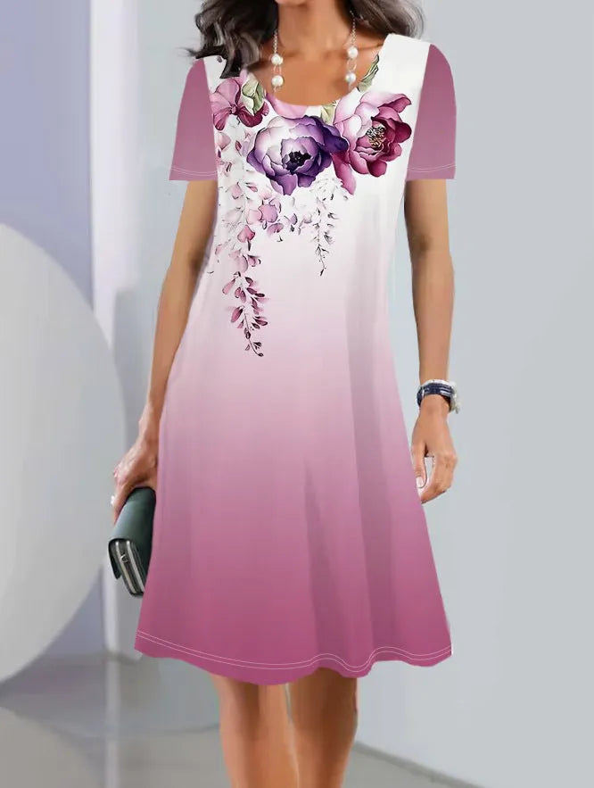 Women's mid-length dress with painted plant and flower patterns on ice silk fabric, A-line skirt, short sleeves, round neck