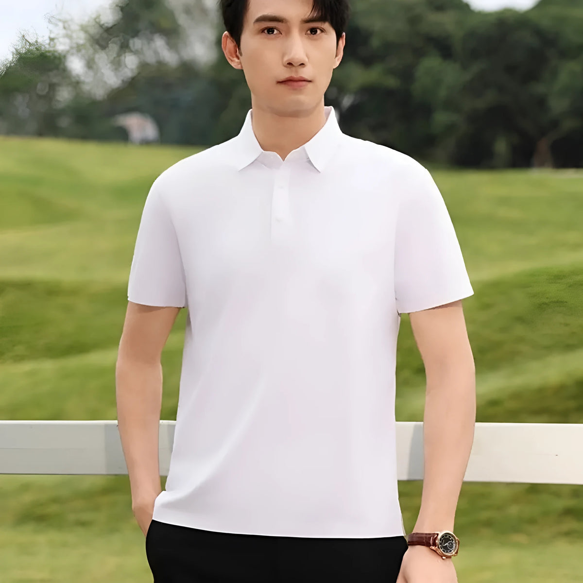 Men's solid colour seamless lapel acrylic T-shirt in slim fit with short sleeves