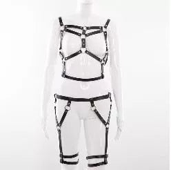 Women's black PU bondage and discipline underwear set with bowknot handcuffs