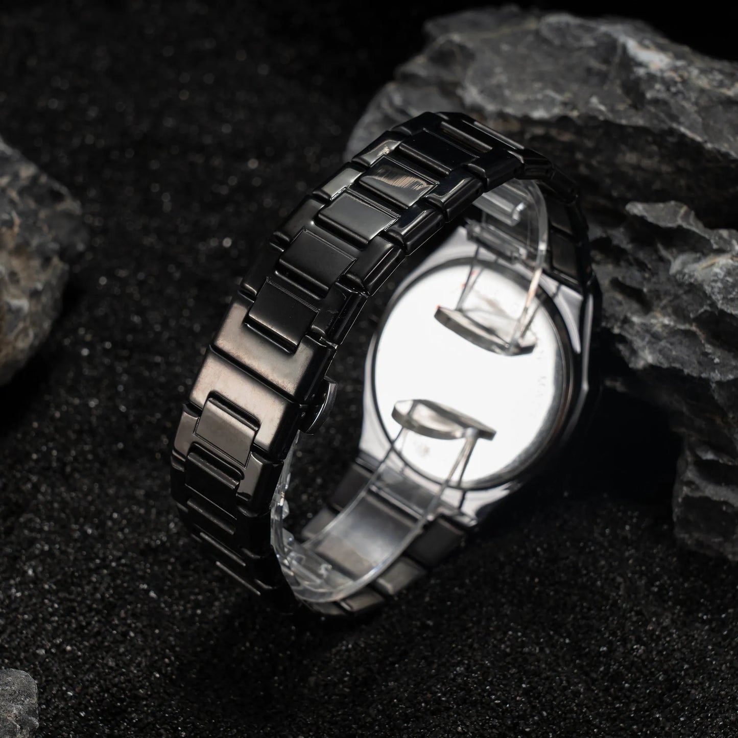 Men's business casual steel belt quartz watch showing 10mm profile and black silver colour option.