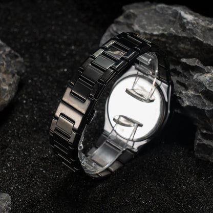 Men's business casual steel belt quartz watch showing 10mm profile and black silver colour option.
