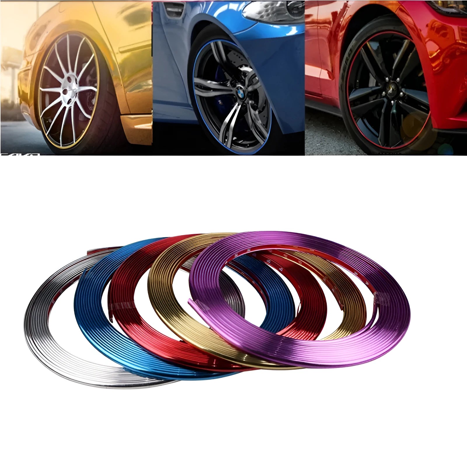 Electroplated purple wheel hub trim stickers on 8 metre roll with anti-collision strip
