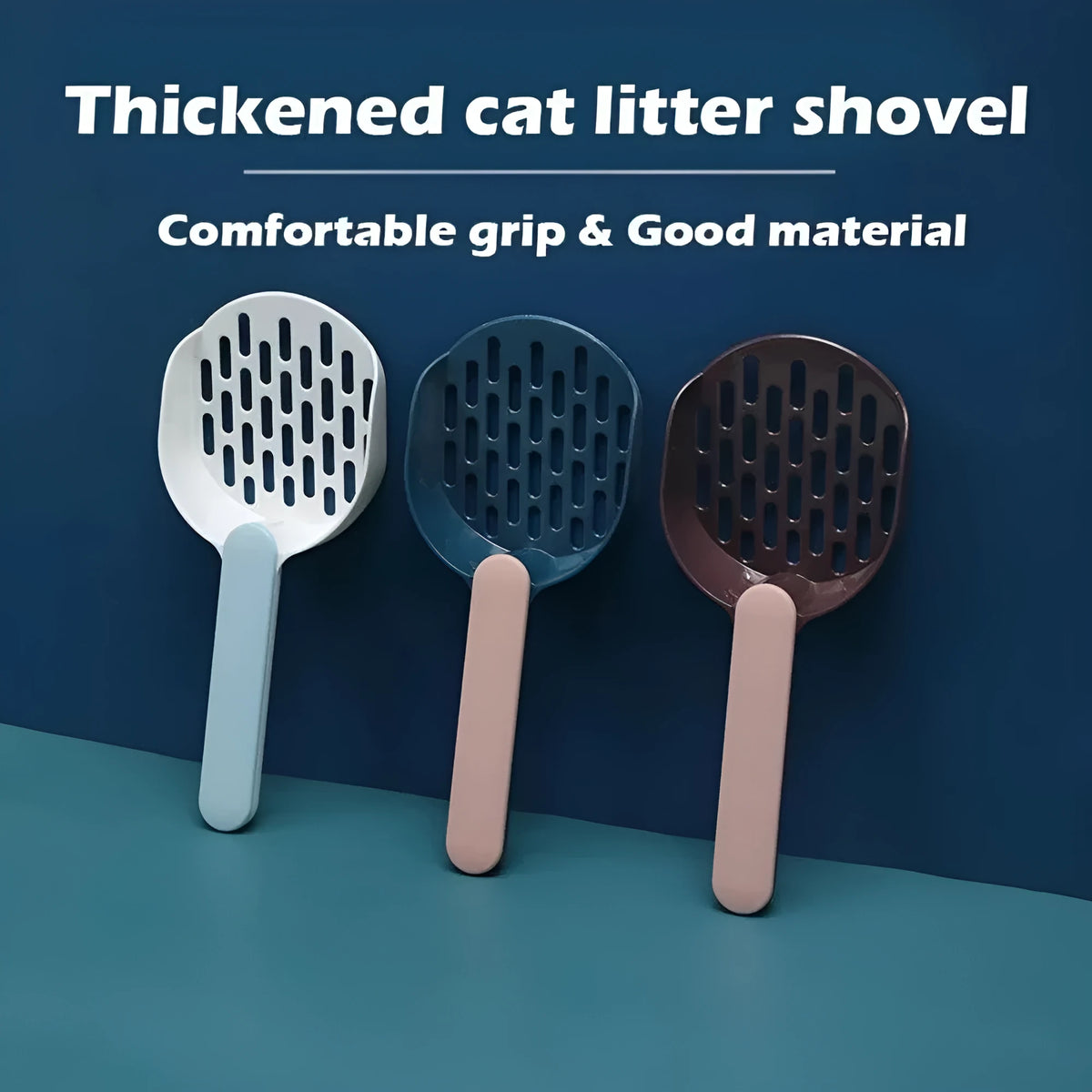 Blue plastic cat litter shovel scoop with drainage holes for cleaning a litter box.