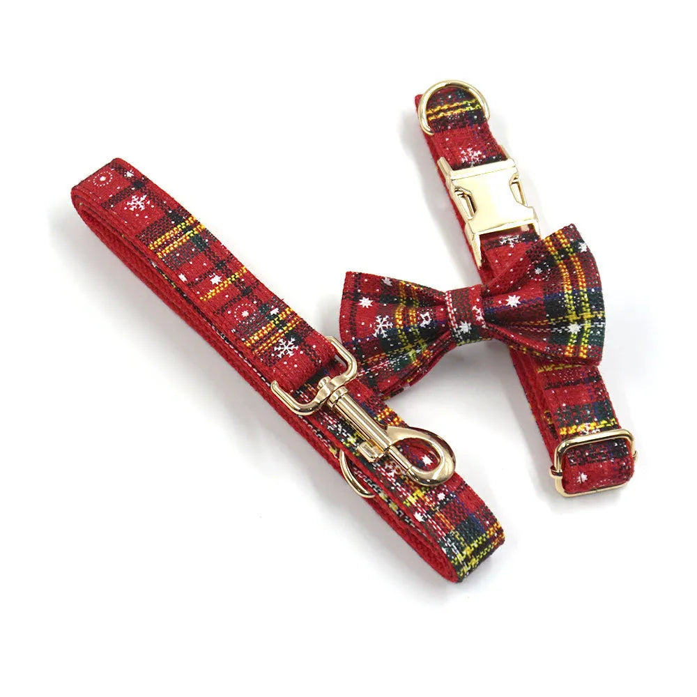 Red Christmas pet accessory set showing collar, traction rope, bowknot, harness and stool bag with laser design