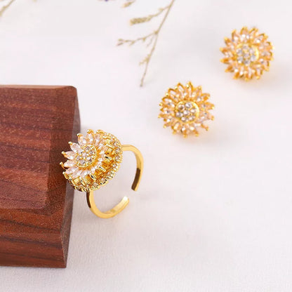 Sunflower stainless steel jewelry set with zircon accents, including necklace, ring, and earrings