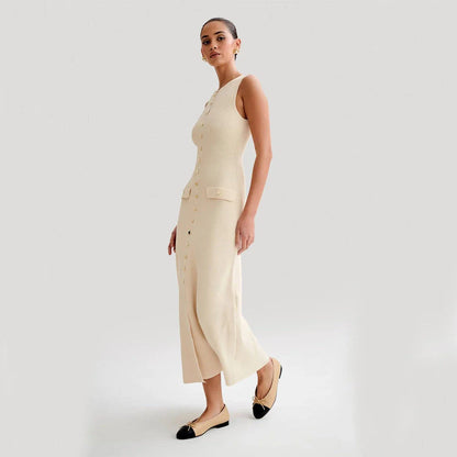 Elegant sleeveless knit dress in various colors, including almond and blue, with a slim, figure-flattering silhouette and round neckline