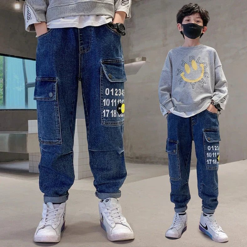 Blue printed fashion girdled jeans for boys with elasticated rubber band waistband and Korean style cut