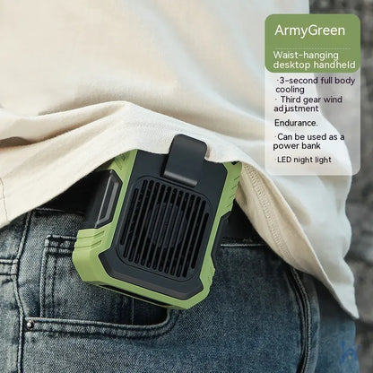 Green wrist hanging fan with light and USB power bank on a person's arm, showing three speed buttons.