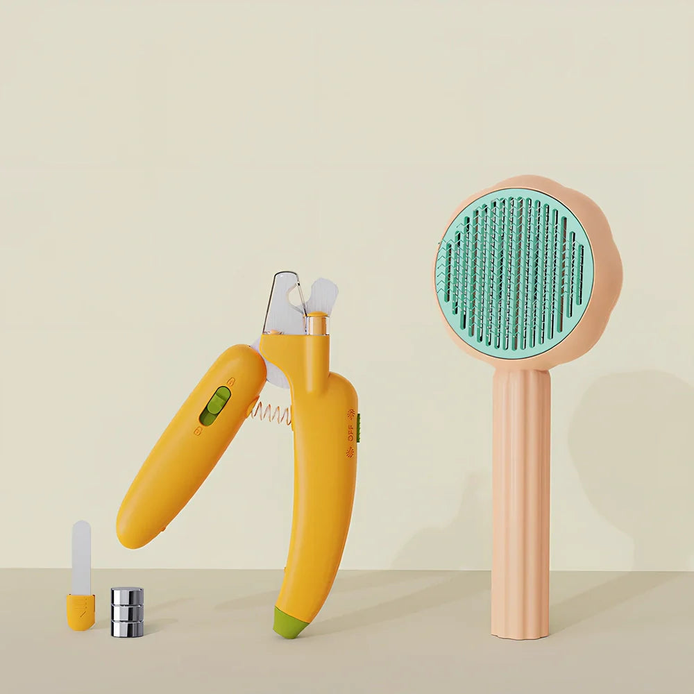 Sunflower design pet comb with stainless steel needles and one-click hair removal button