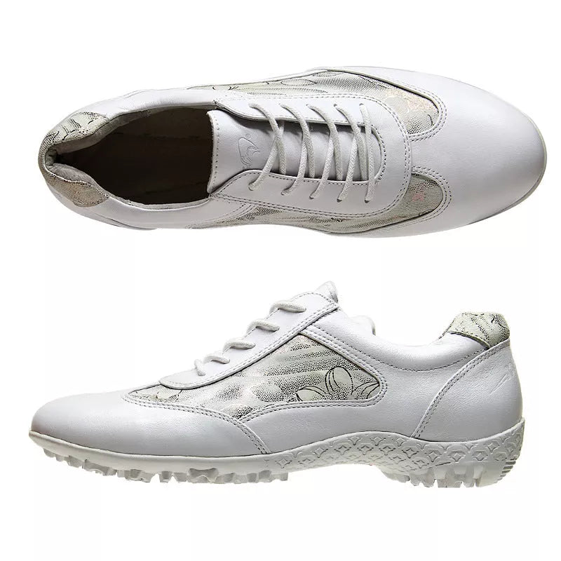 Women's lightweight leather sneakers in white and apricot with waterproof and non-slip features