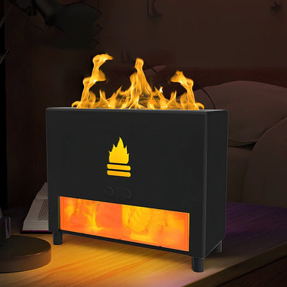 Square white flame effect humidifier with USB power cable on kitchen countertop