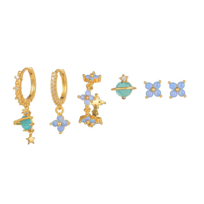 Gold and silver flower ear studs with zircon mosaic detailing, Japanese Korean style design
