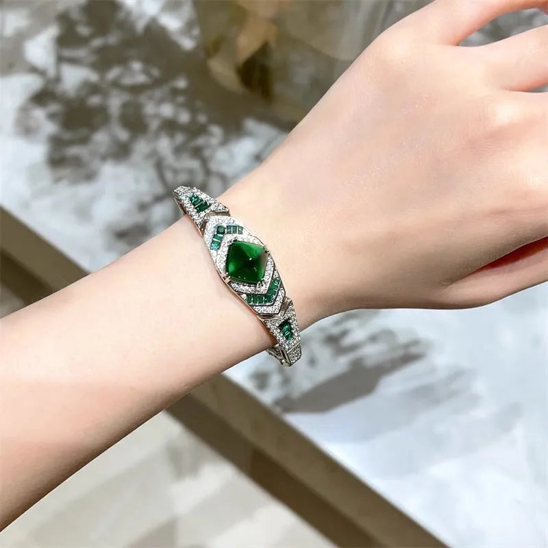 Heavy-Duty Retro Zircon Emerald Bracelet for Women, Copper Electroplated Round Design, Light Luxury Style, Fashionable Unique Temperament, Colour SL1266, One Bracelet for Everyday and Occasion Wear
