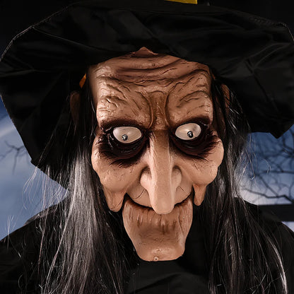 Voice-activated Halloween witch decoration with motion-sensing technology in black or purple colour options