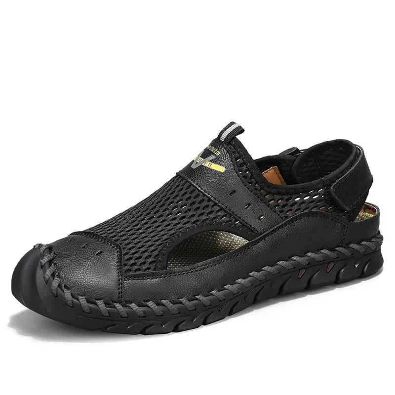 Men's brown leather casual shoe with mesh panels, elastic band, and flat rubber sole.