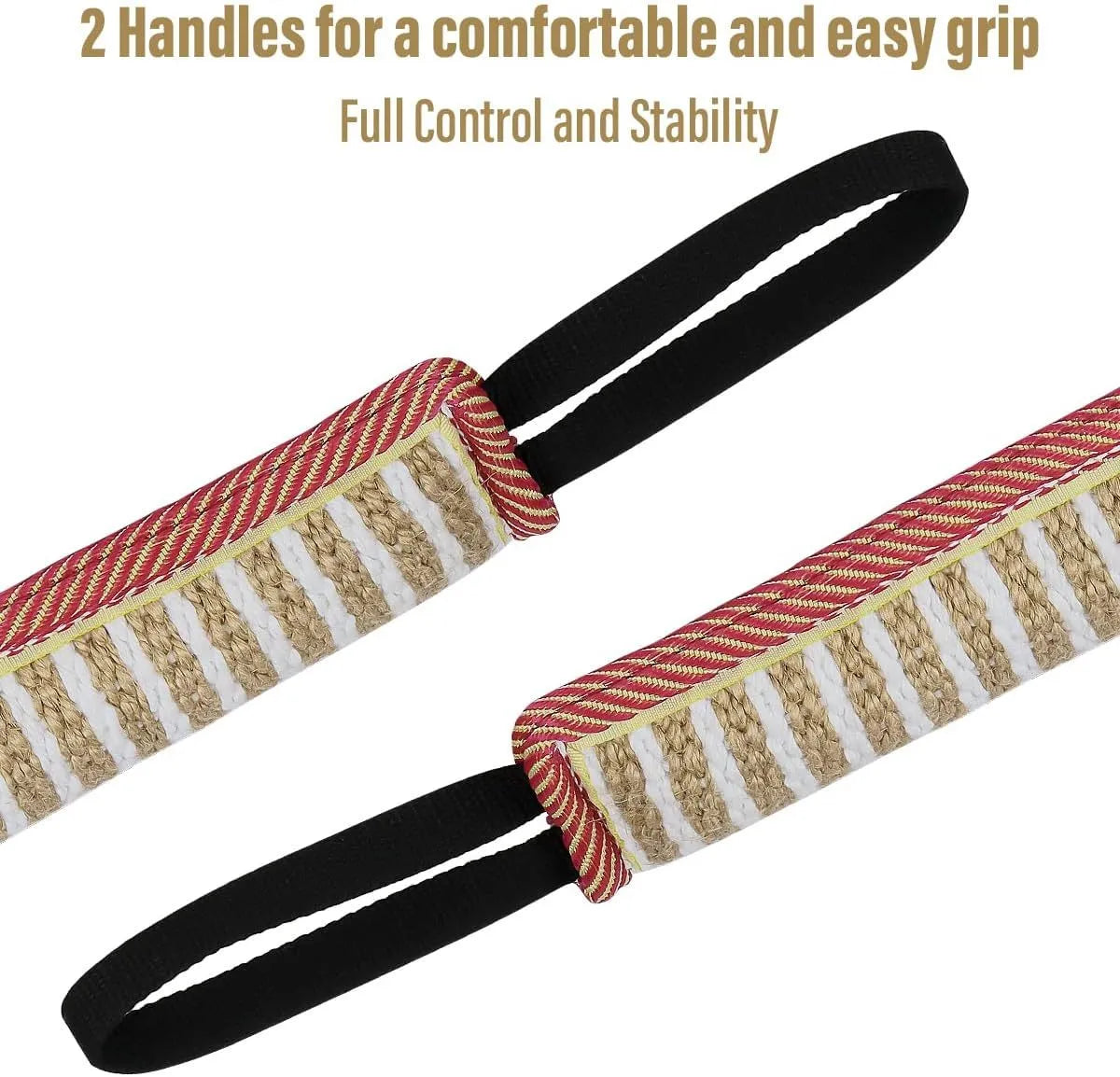 Beige jute dog tug toy with two handles for interactive training, measuring 30cm in length