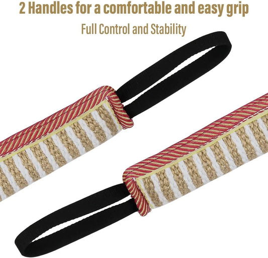Beige jute dog tug toy with two handles for interactive training, measuring 30cm in length