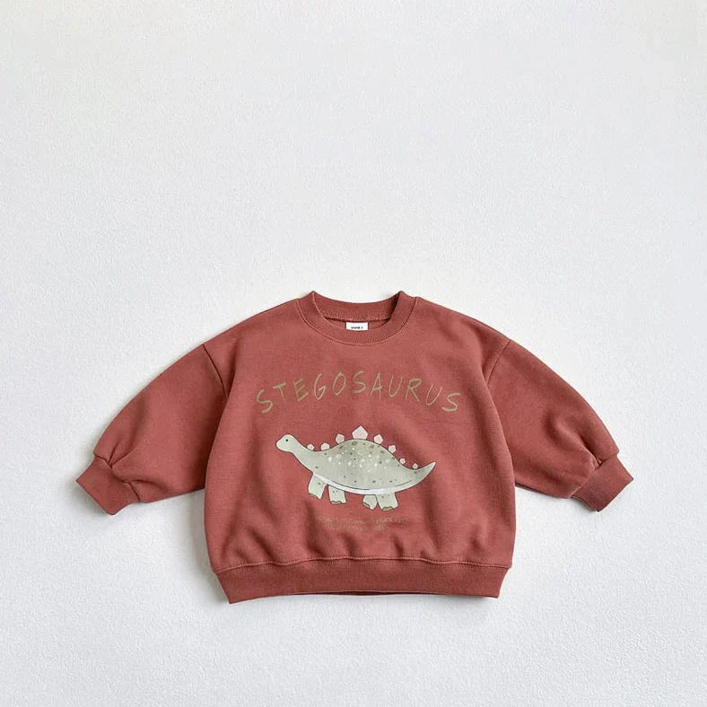 Children's beige sweatshirt with printed cartoon dinosaur design, pullover style without hood