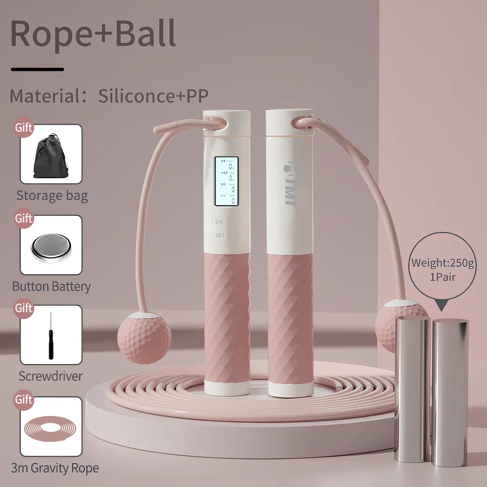 Digital skipping rope with adjustable 300cm length and LCD display showing calorie counter and timer metrics