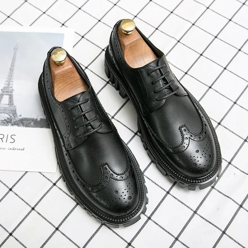 Men's black and brown artificial PU brogue shoes with round toe on white background