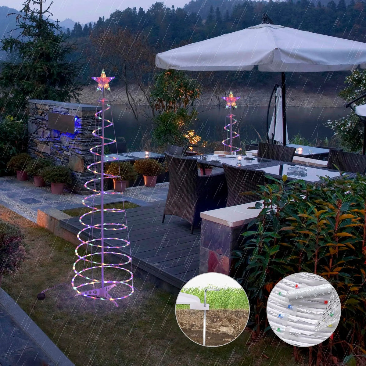 6ft tall spiral Christmas tree LED light with colour and warm white options on a detachable stand.