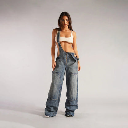 Fashionable Y2K-inspired denim overalls with pockets, suspenders, and a loose, comfortable fit