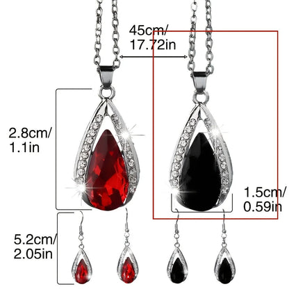 Black red teardrop glass pendant necklace and earrings suite with water droplet design elements on alloy jewellery