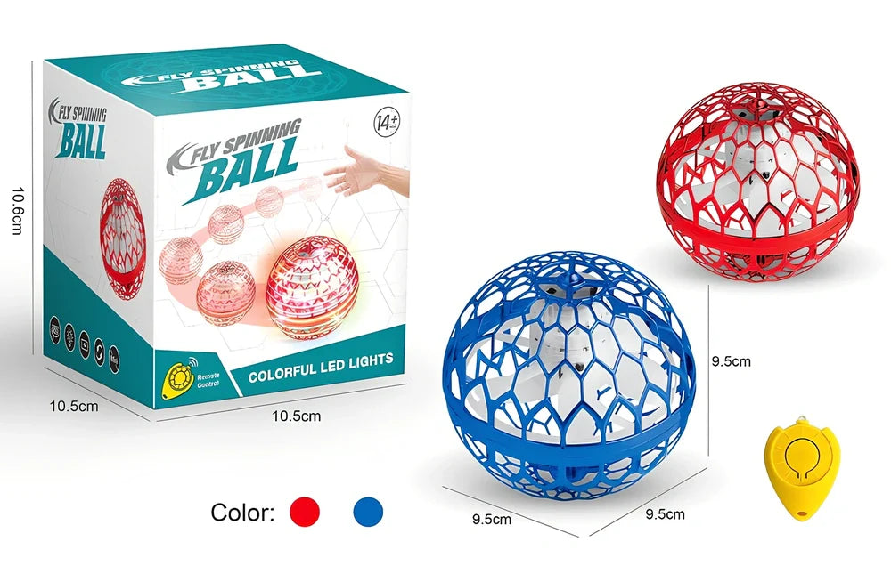 Magic Flying Ball interactive toy showing 9.5cm cube design with remote control and ring attachment options