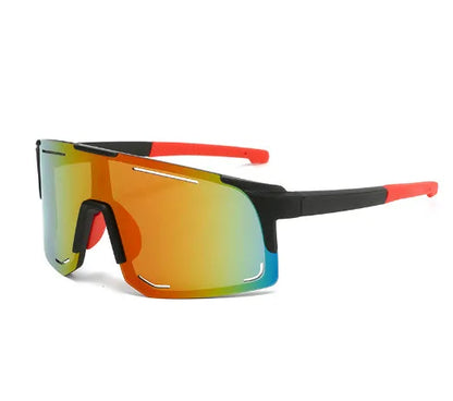 Square cycling sunglasses in black, blue, green, pink, or white frame with various lens films