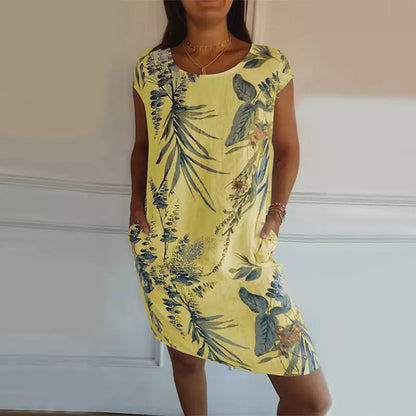 Women's floral print cotton dress with loose fit and short sleeves in various colors