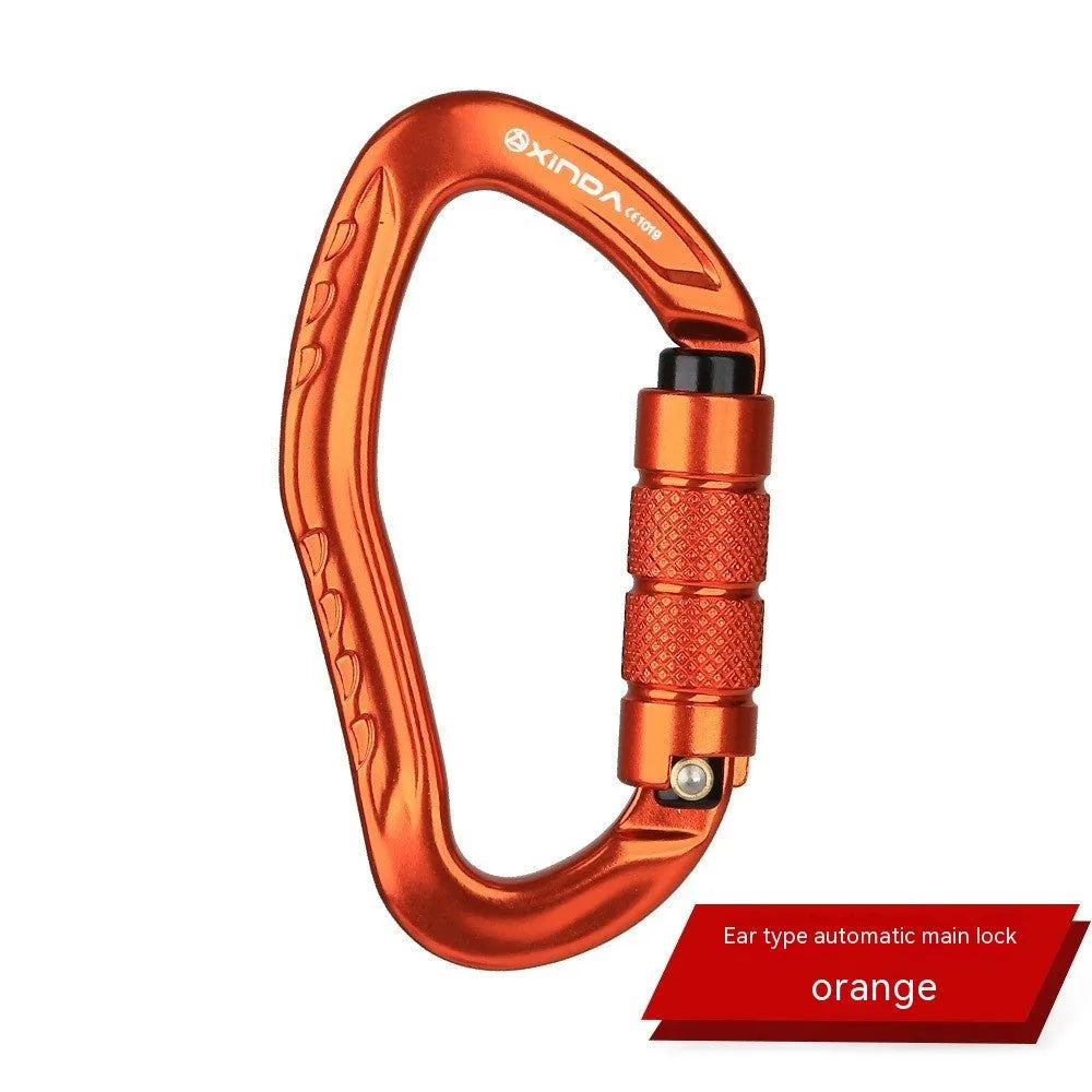 Automatic master lock climbing carabiner in silver, shown with gate open and closed.