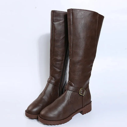 Women's black high knight boots with a square heel, round toe, and ankle buckle detail.