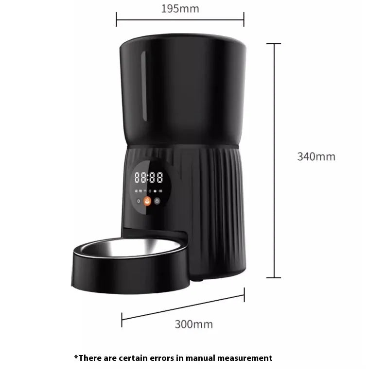 Black intelligent pet feeder with transparent food container showing kibble, digital display, and USB power cable