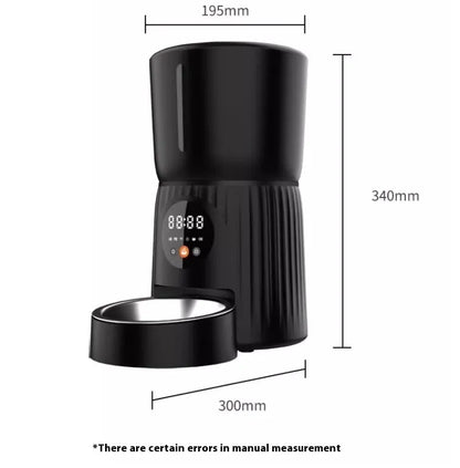 Black intelligent pet feeder with transparent food container showing kibble, digital display, and USB power cable