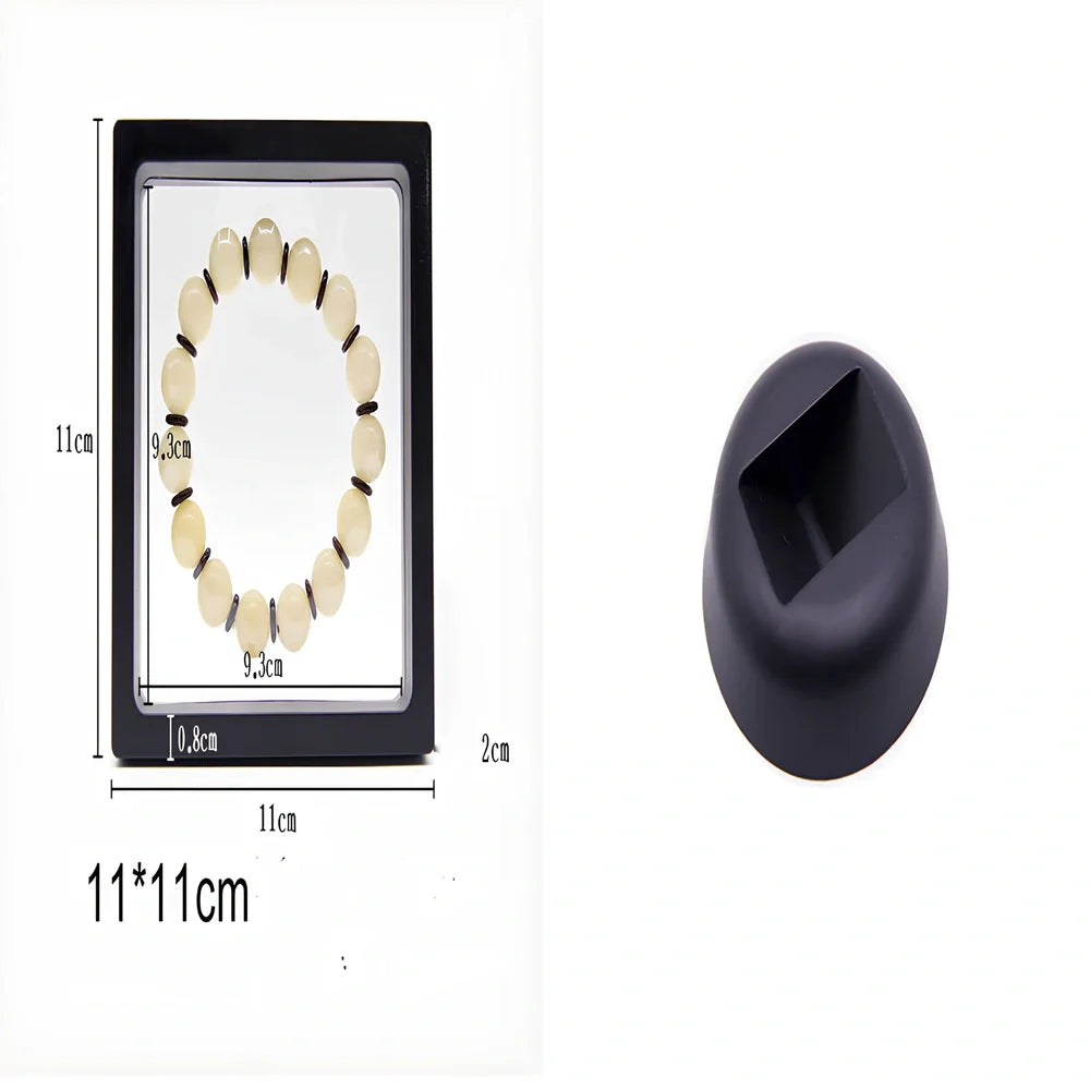 Black 11x11cm suspended 3D floating display frame holder with square base for coins and gems