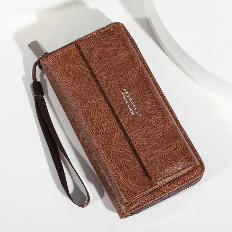 Men's black PU long-fold wallet with multiple card slots, shown open.