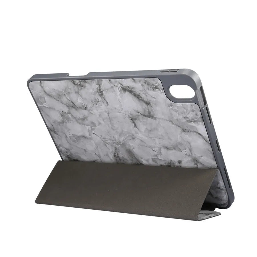 Tri-fold iPad case with marbling design showing pen slot and available in five colours including dark gray and purple