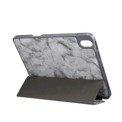 Tri-fold iPad case with marbling design showing pen slot and available in five colours including dark gray and purple