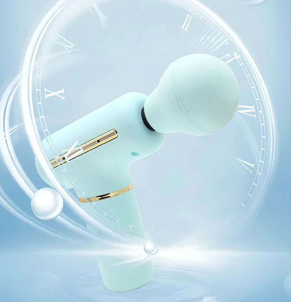 Green portable massage gun showing 20cm length with USB charging port and intensity controls