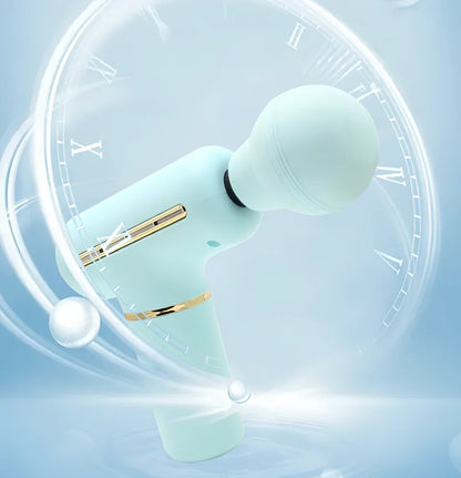 Green portable massage gun showing 20cm length with USB charging port and intensity controls
