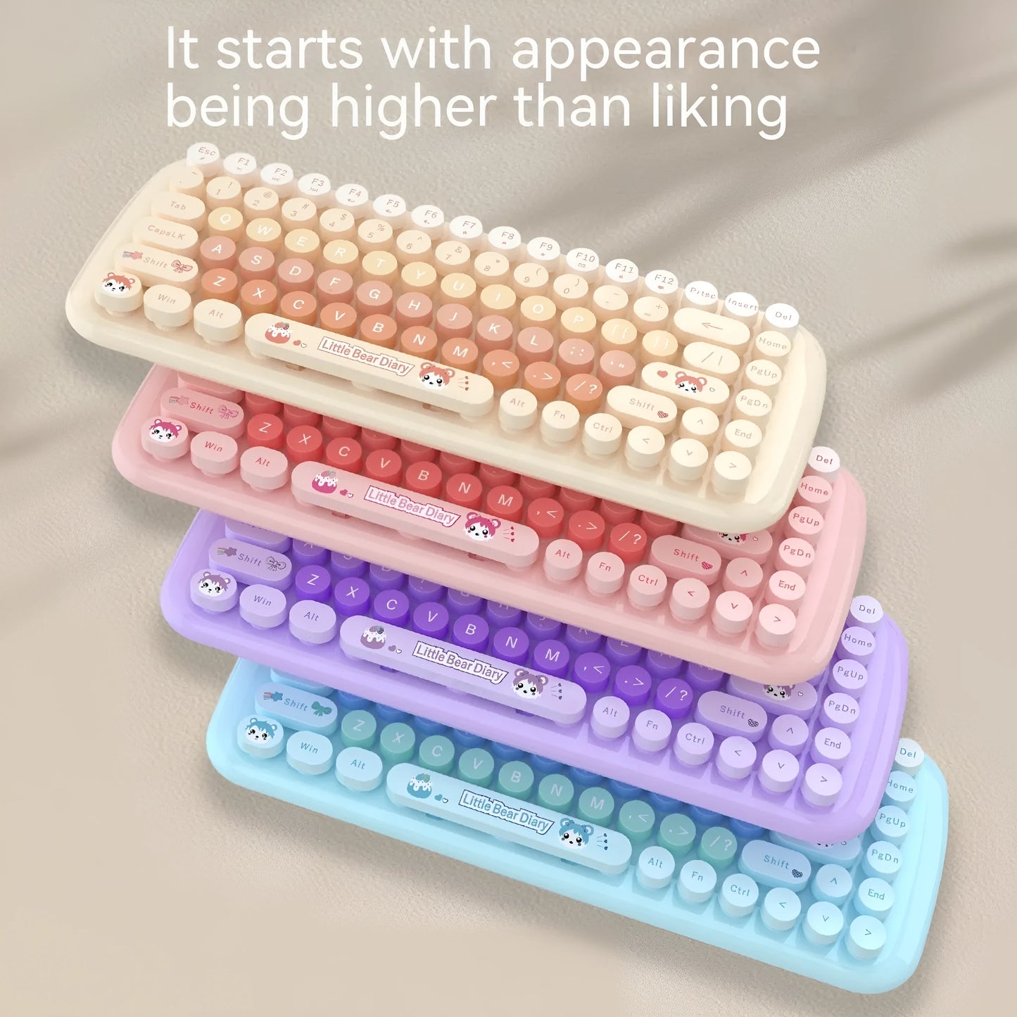 Pink mini wireless keyboard and mouse set with cute cartoon design on desk