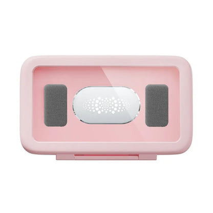 Waterproof shower phone holder mounted on bathroom tile with mobile phone visible through anti-fog window