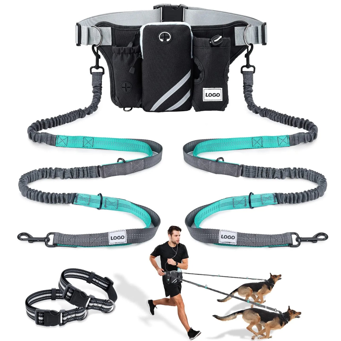 Black nylon outdoor pet training waist bag and dog leash set on waist