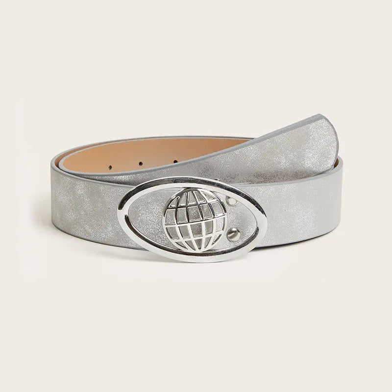 Women's retro PU leather belt with oval alloy buckle in thick over 4cm width, shown in grey white colour.