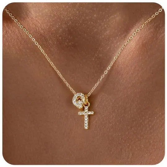 A-Z zircon inlaid letter necklace on a copper regular chain with electroplated finish