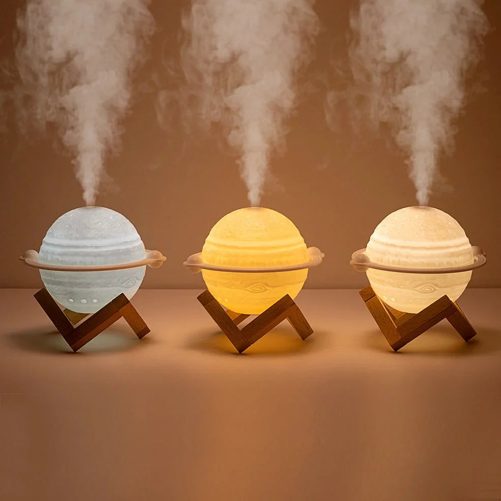 Planet-shaped humidifier with wooden frame and USB cable, 154mm width