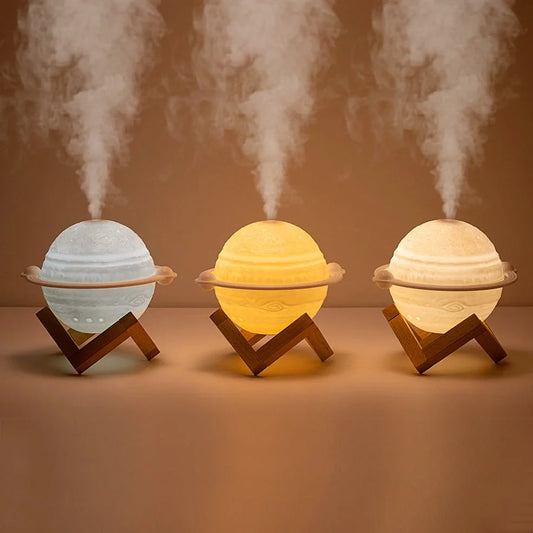 Planet-shaped humidifier with wooden frame and USB cable, 154mm width