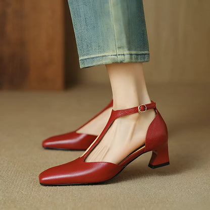 Wine red women's chunky heel shoes with a square toe and sheepskin leather upper.