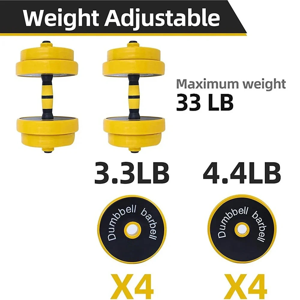 Yellow adjustable dumbbell barbell set with connecting rod and weight plates for home strength training